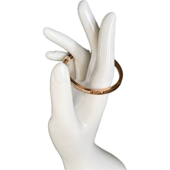 Michael Kors Logo Heart Crystal Charm Rose-Gold Stainless Steel Hinge Bracelet - Picture 4 of 7